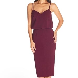 Dress The Population Alondra Sheath Blouson Pencil V-Neck Dress Burgundy Small